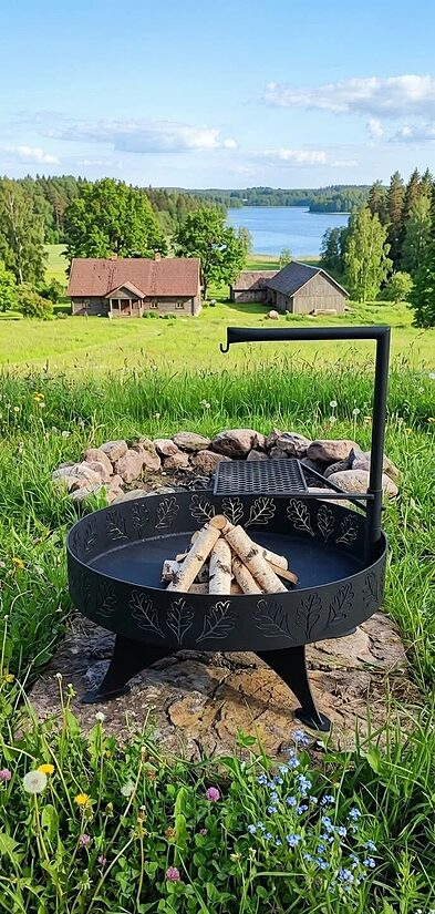 Ugunskura vieta ar statīvu, resti, ķēdi - apaļa, ar ozollapām (6 mm)