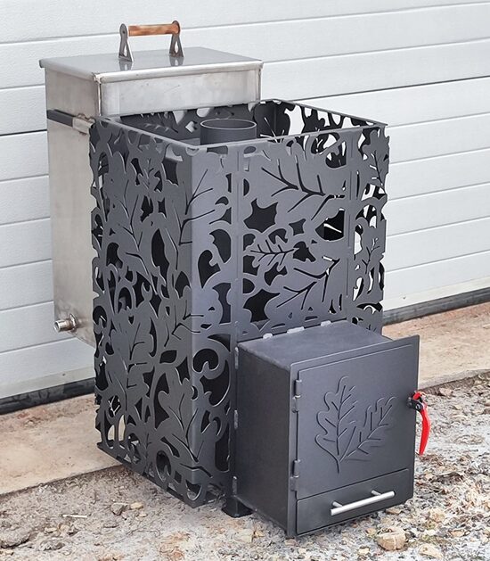 Sauna stove OAK with a 60L stainless steel water tank at the back, heated from the anteroom.