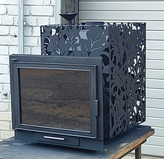 Medium sauna stove with internal stone storage, cast iron door, fireplace type, heated from the anteroom