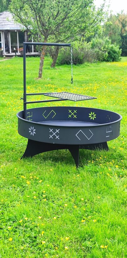 Fire pit with stand, grate, chain - round, with Latvian symbols