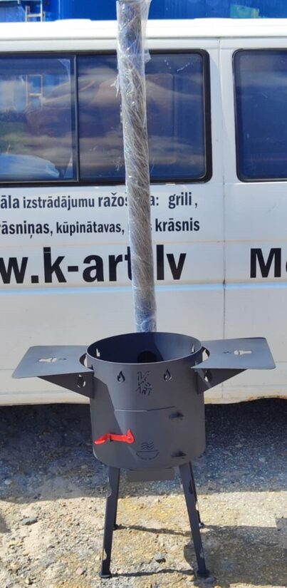 12l kazan stove with chimney, chimney flap, ash box, draft hole, handles, foldable legs and two metal shelves on the sides
