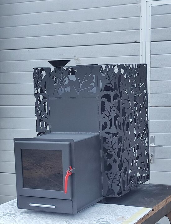 Sauna stove medium with closed stone storage, without water tank, with glass door, with heat exchanger, heated from the anteroom, "front" 35 cm