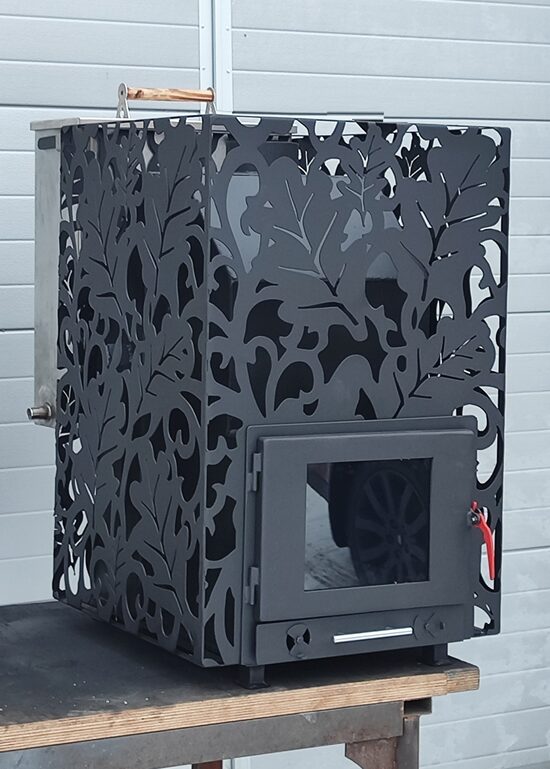 Sauna stove OZOLS medium, with stainless steel water tank 60L at the back, glass door, heated from the sauna room
