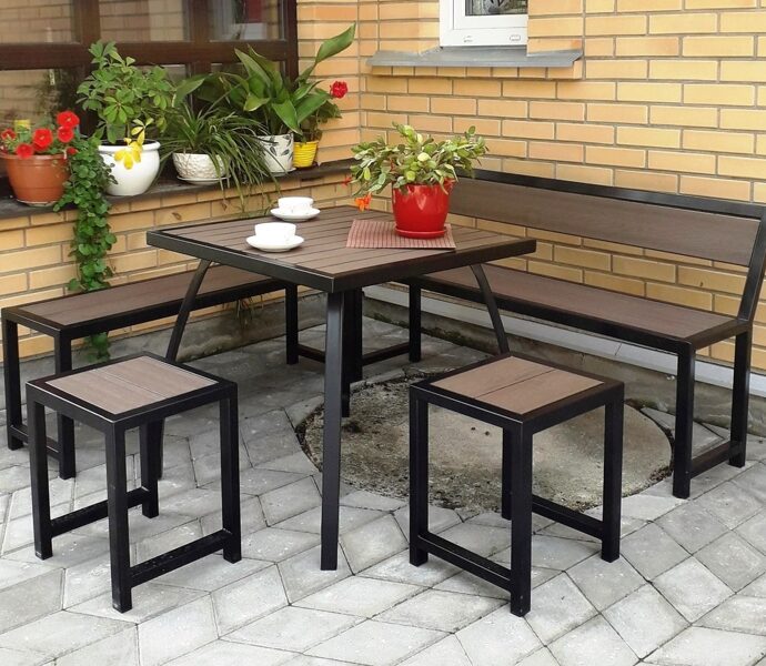 A set of table, stools, benches